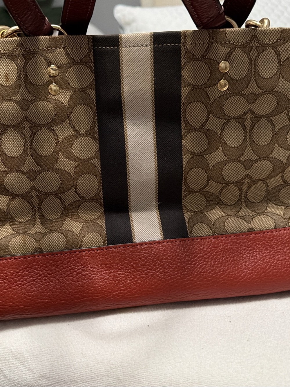 Coach Brown Signature Stripe Tote with Red Leather Base